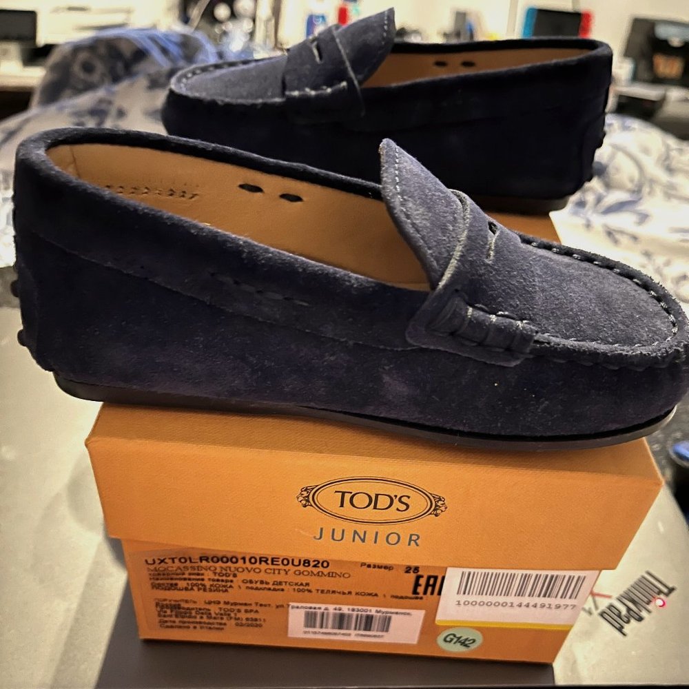 NEW 100% Auth Tod's Junior Kids Loafers Shoes Size 25 Blue Suede w Box